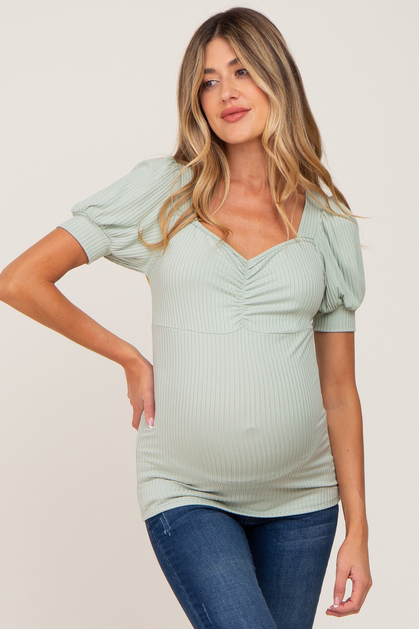 Mint Green Ribbed Sweetheart Neck Short Puff Sleeve Maternity Top
