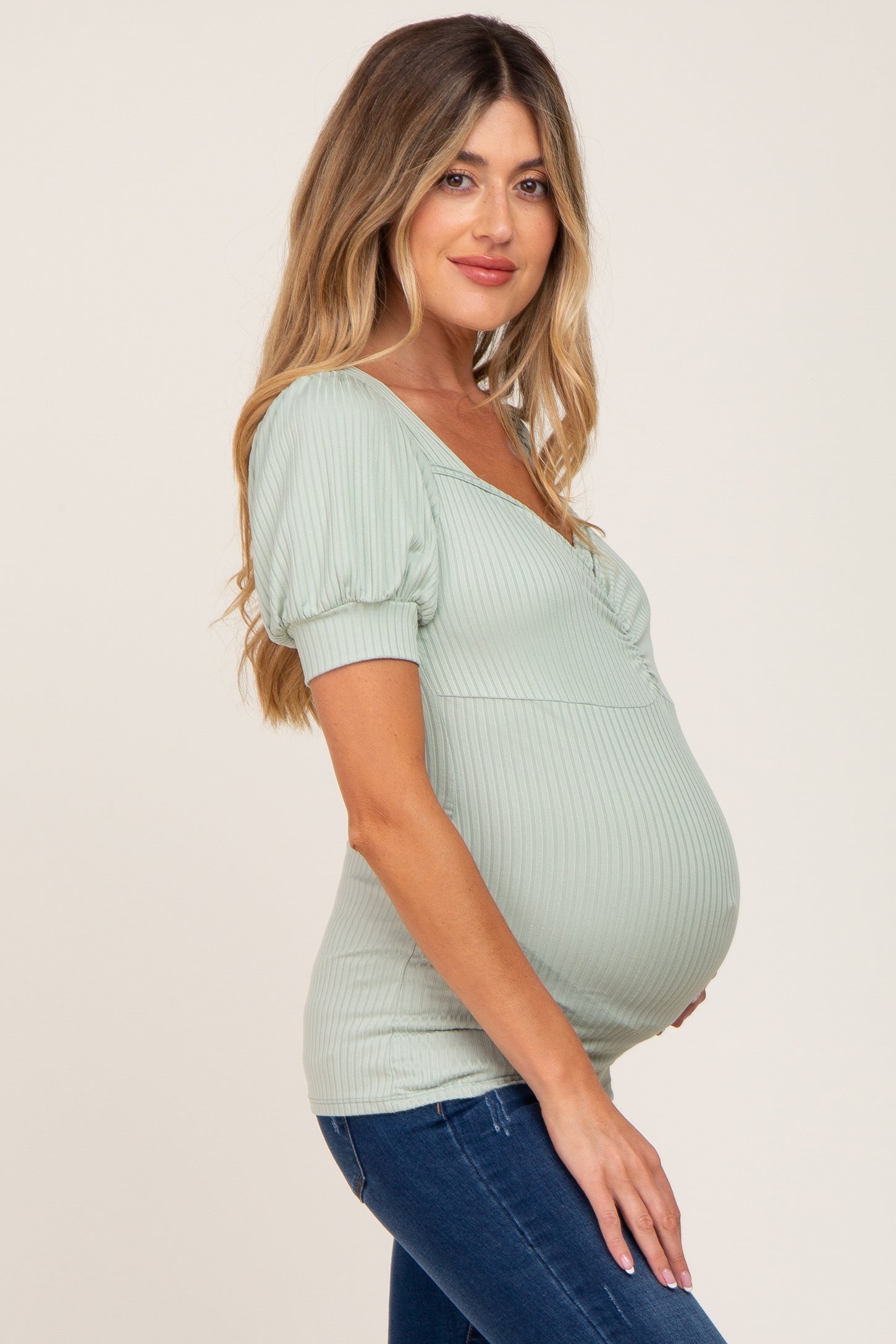 Mint Green Ribbed Sweetheart Neck Short Puff Sleeve Maternity Top