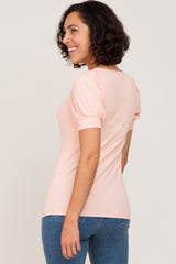 Peach Ribbed Sweetheart Neck Short Puff Sleeve Top