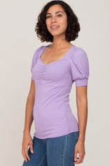 Lavender Ribbed Sweetheart Neck Short Puff Sleeve Top