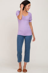 Lavender Ribbed Sweetheart Neck Short Puff Sleeve Top