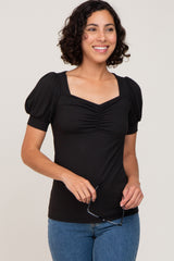 Black Ribbed Sweetheart Neck Short Puff Sleeve Top