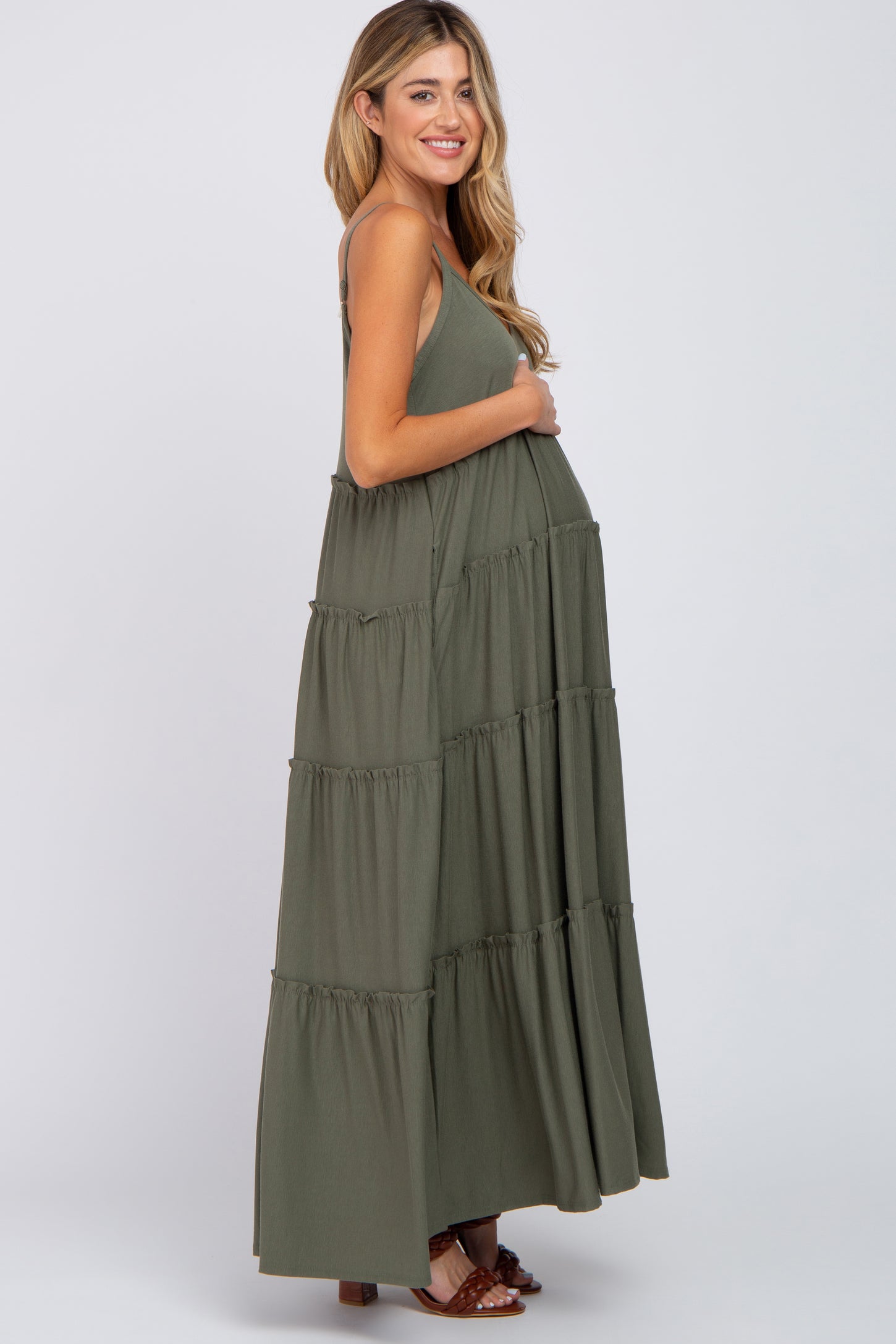 Olive Sleeveless Tiered Maternity Maxi Dress