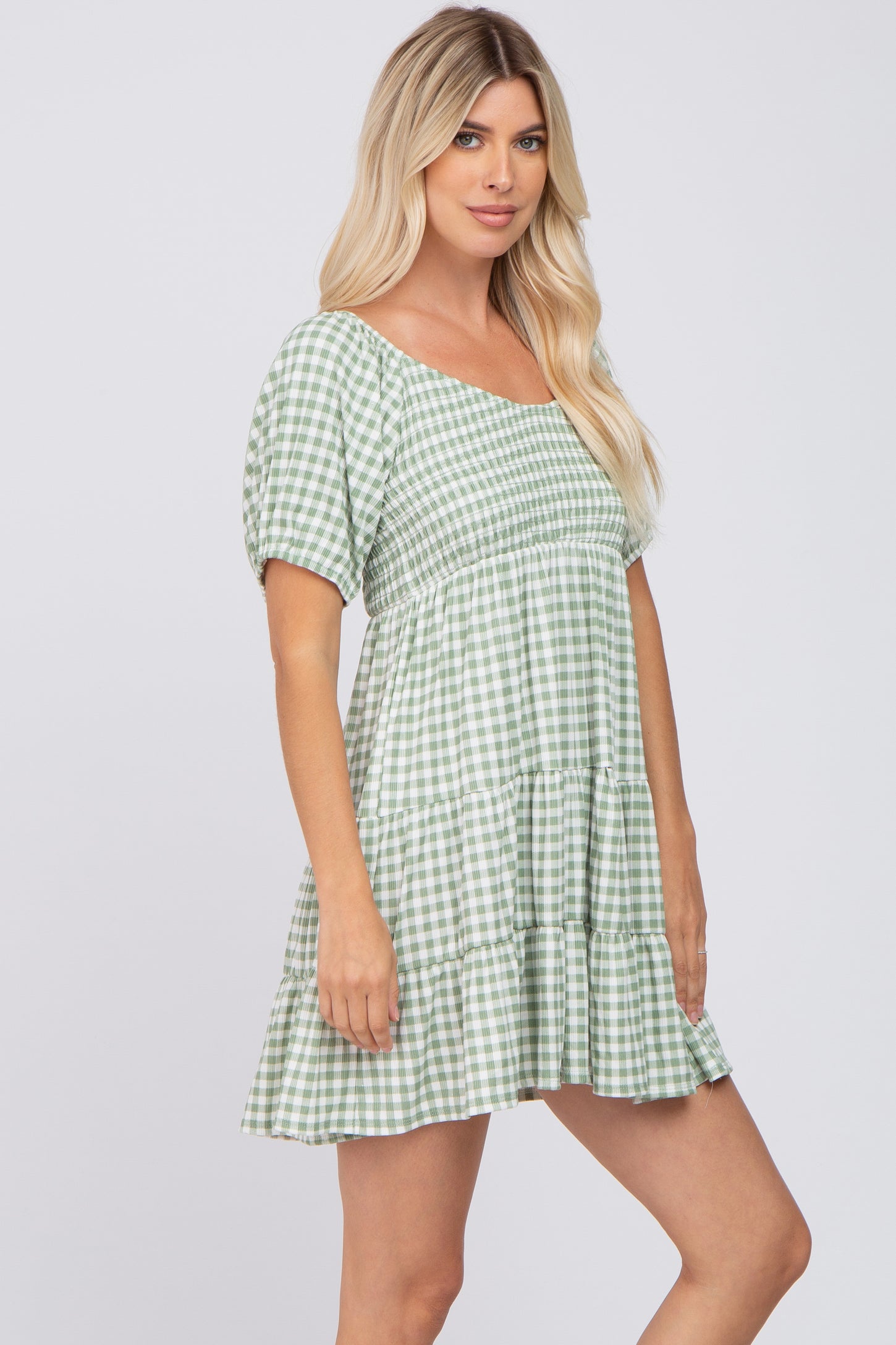 Green Gingham Smocked Tiered Dress