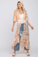 Beige Floral Chiffon Front Tie Ruffle Hi-Low Maternity Cover Up