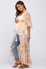 Beige Floral Chiffon Front Tie Ruffle Hi-Low Maternity Cover Up