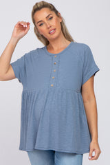 Blue Ribbed Button Front Maternity Top