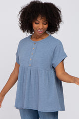 Blue Ribbed Button Front Top