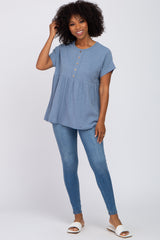 Blue Ribbed Button Front Top