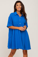 Royal Blue Button Up Cuff Sleeve Maternity Dress