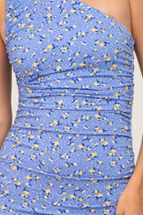 Blue Floral One Shoulder Ruched Fitted Dress