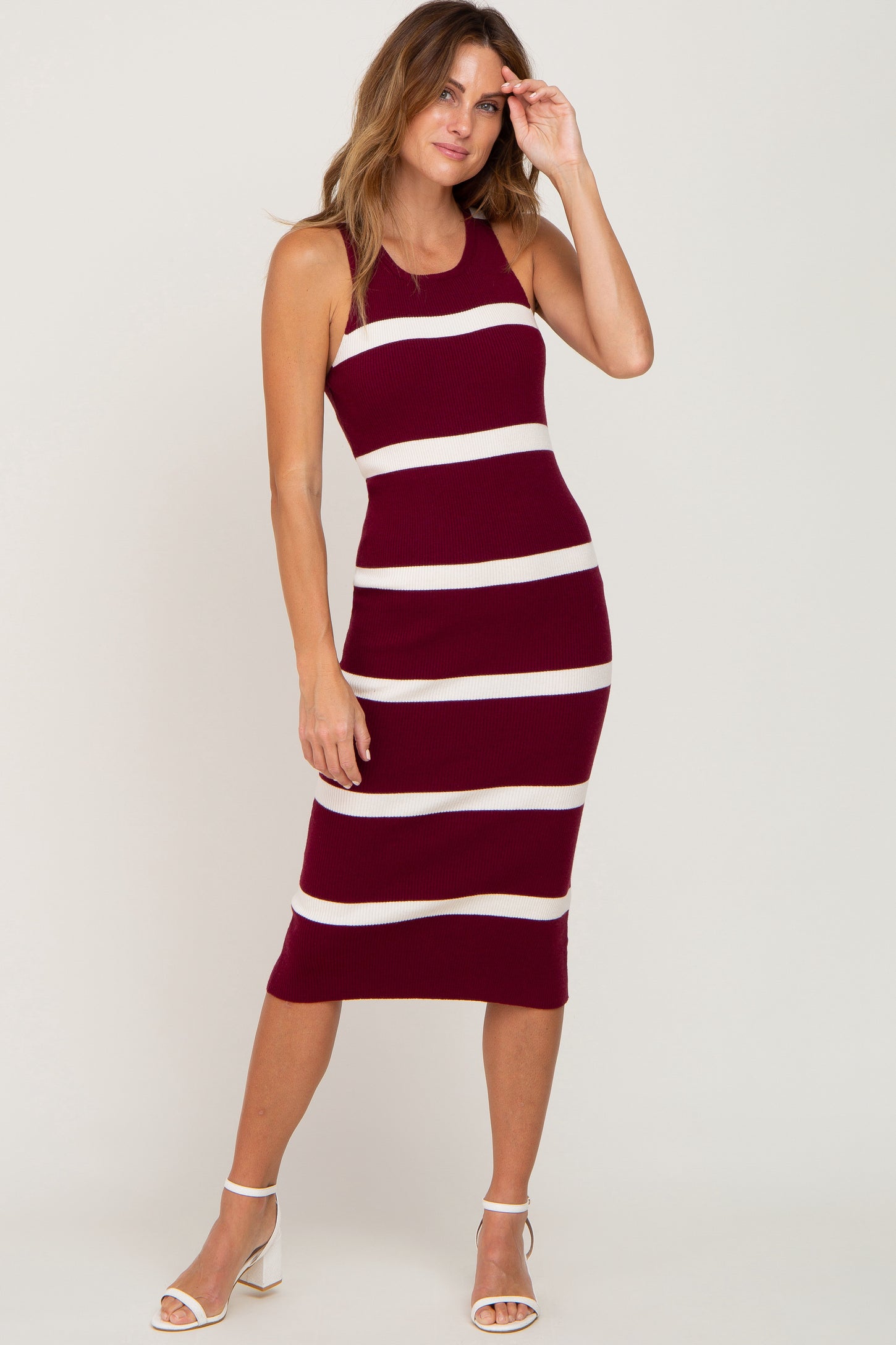 Burgundy Striped Sleeveless Sweater Midi Dress