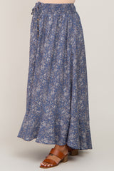 Blue Floral Button Front Smocked Waist Maternity Maxi Skirt