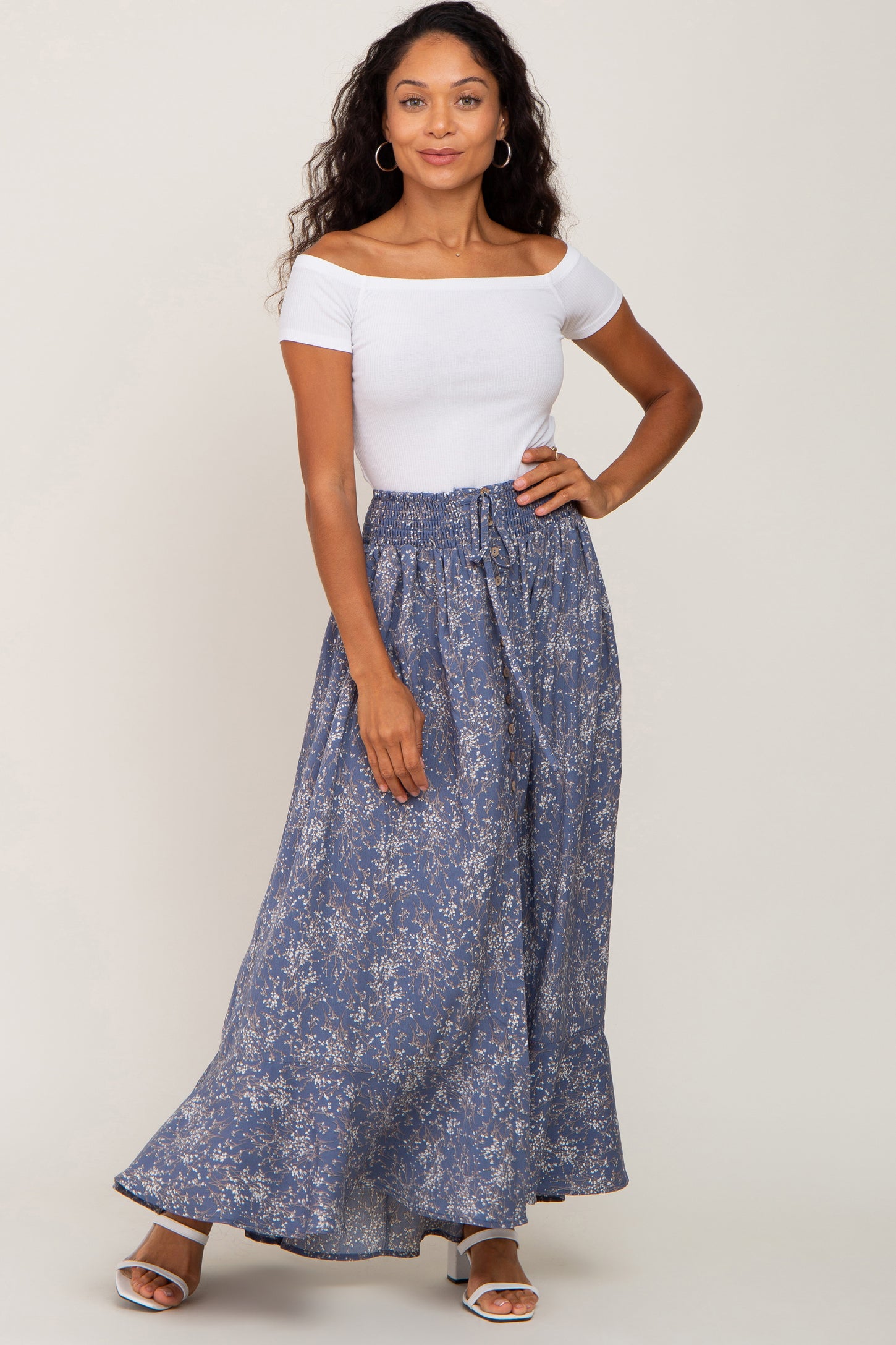 Blue Floral Button Front Smocked Waist Maternity Maxi Skirt