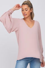 Pink Long Sleeve Crochet Lace Maternity Blouse
