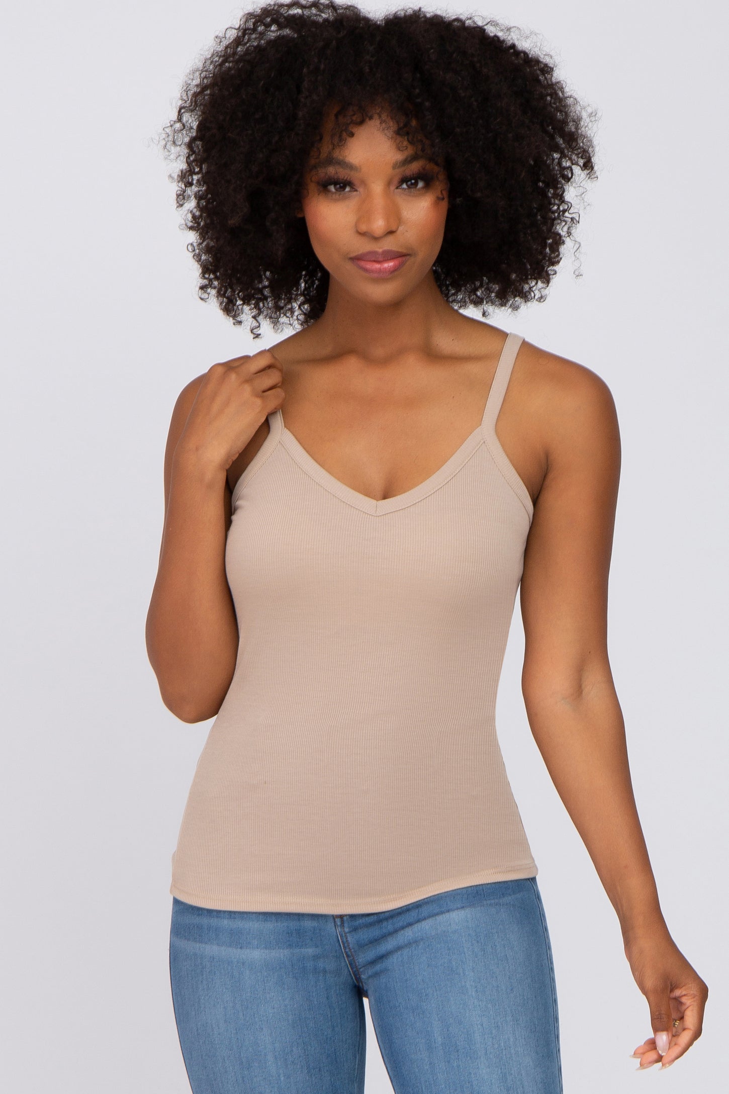 Taupe Ribbed V-Neck Tank Top