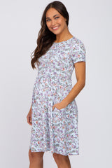 Blue Floral Short Sleeve Babydoll Maternity Dress