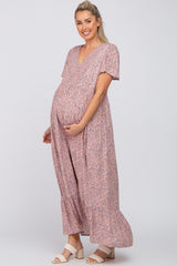 Pink Floral Smocked Front Ruffle Hem Maternity Maxi Dress