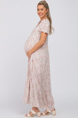 Ivory Floral Smocked Front Ruffle Hem Maternity Maxi Dress