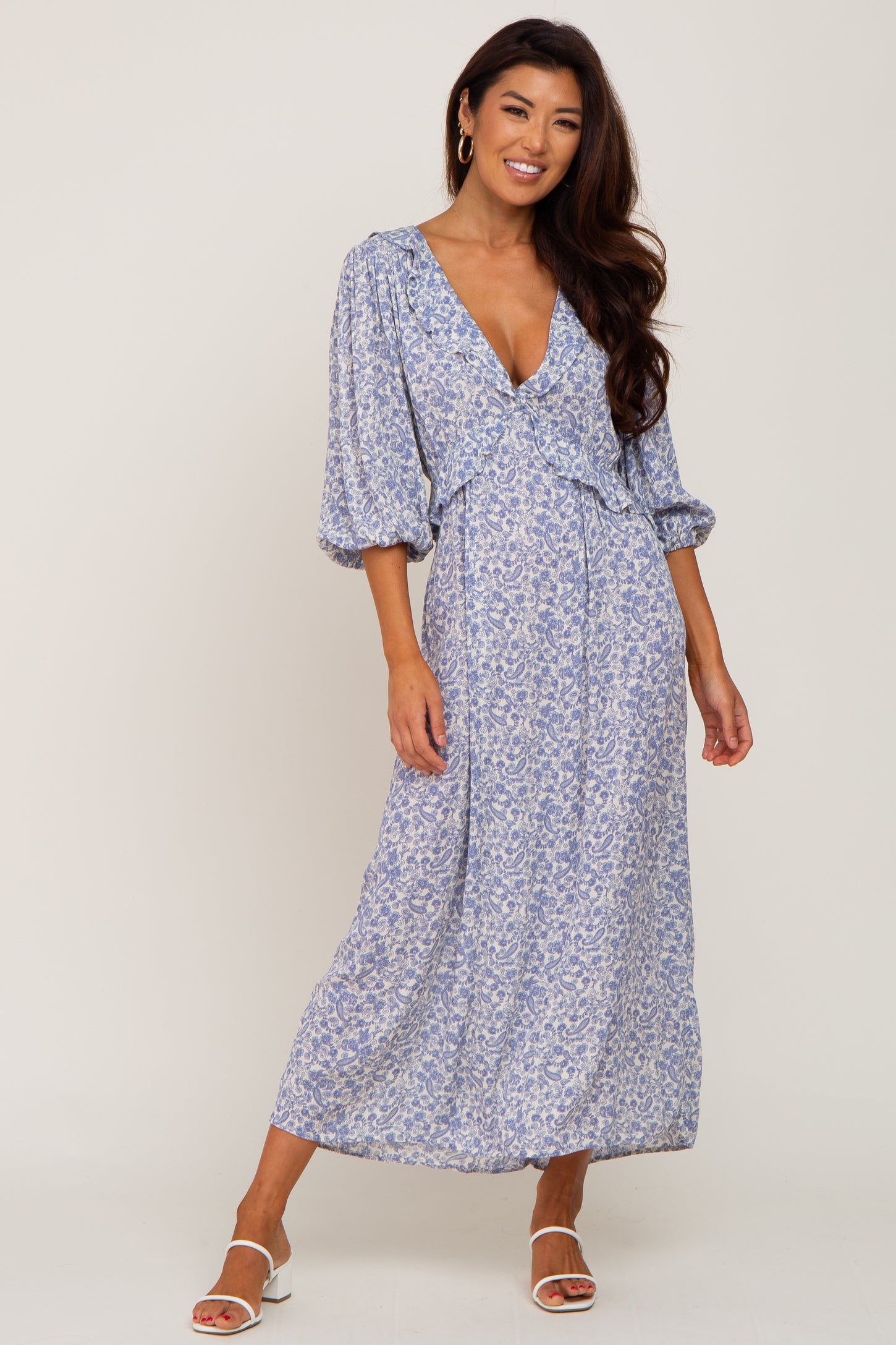 blue floral wrap midi dress Summer Wrap Style Midi Dress In Blue Floral Love