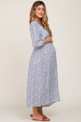 Blue Floral Ruffle V-Neck Maternity Midi Dress