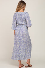 Blue Floral Ruffle V-Neck Maternity Midi Dress