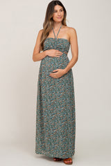 Forest Green Floral Chiffon Side Cutout Halter Maternity Maxi Dress