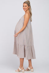 Peach Gingham Ruffle Hem Maternity Midi Dress