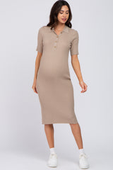 Beige Ribbed Fitted Collared Maternity Dress