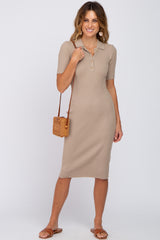 Beige Ribbed Fitted Collared Maternity Dress