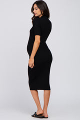 Black Ribbed Fitted Collared Maternity Dress