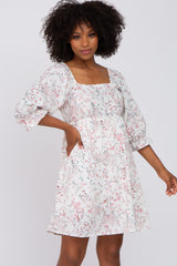 Ivory Floral Square Neck 3/4 Ruffle Sleeve Dress