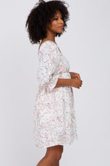 Ivory Floral Square Neck 3/4 Ruffle Sleeve Dress