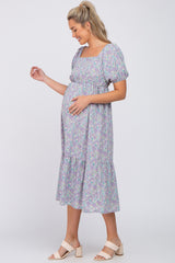 Lavender Floral Square Neck Ruffle Hem Maternity Midi Dress