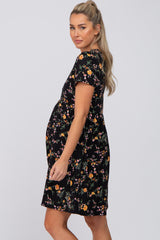 Black Floral Ruffle Wrap Front Short Sleeve Maternity Dress