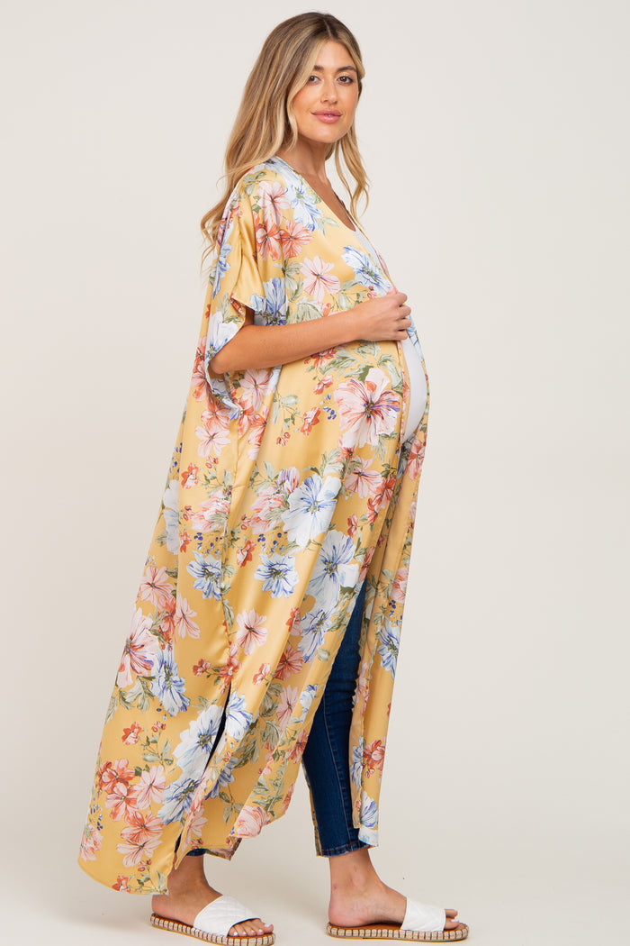 Yellow Floral Side Slit Maternity Cover-Up