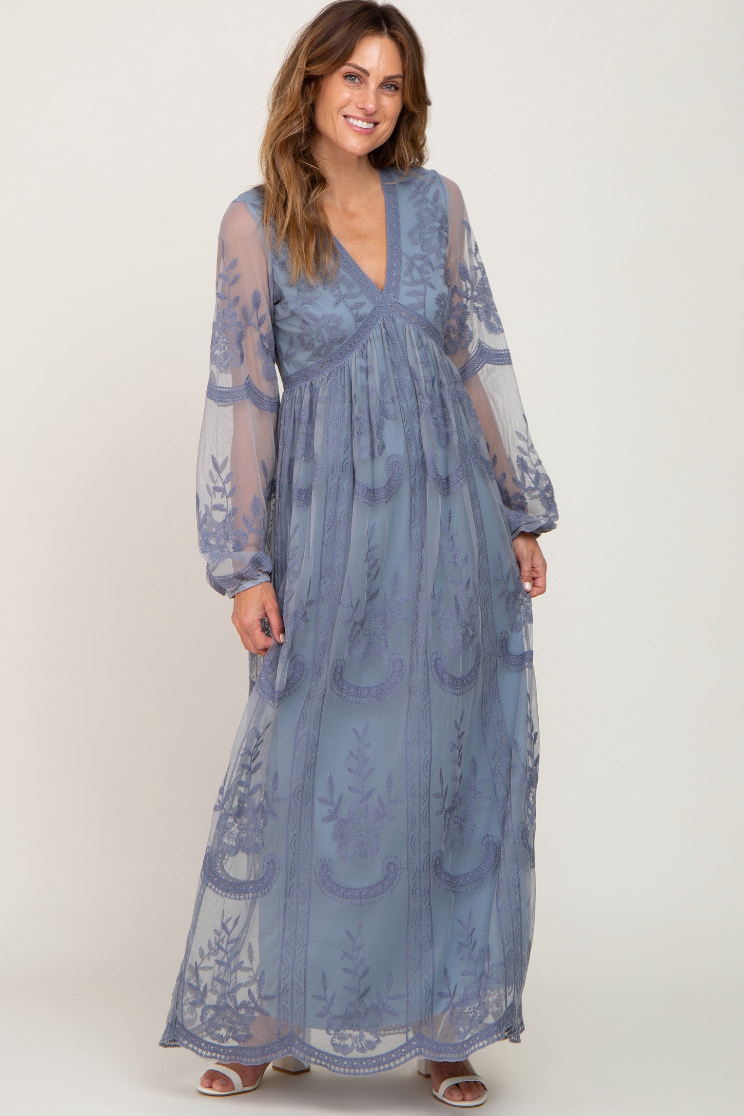 PinkBlush Blue Grey Lace Mesh Overlay Long Sleeve Maxi Dress PinkBlush Blue Grey Lace Mesh Overlay Long Sleeve Maxi Dress