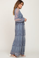 PinkBlush Blue Grey Lace Mesh Overlay Long Sleeve Maxi Dress