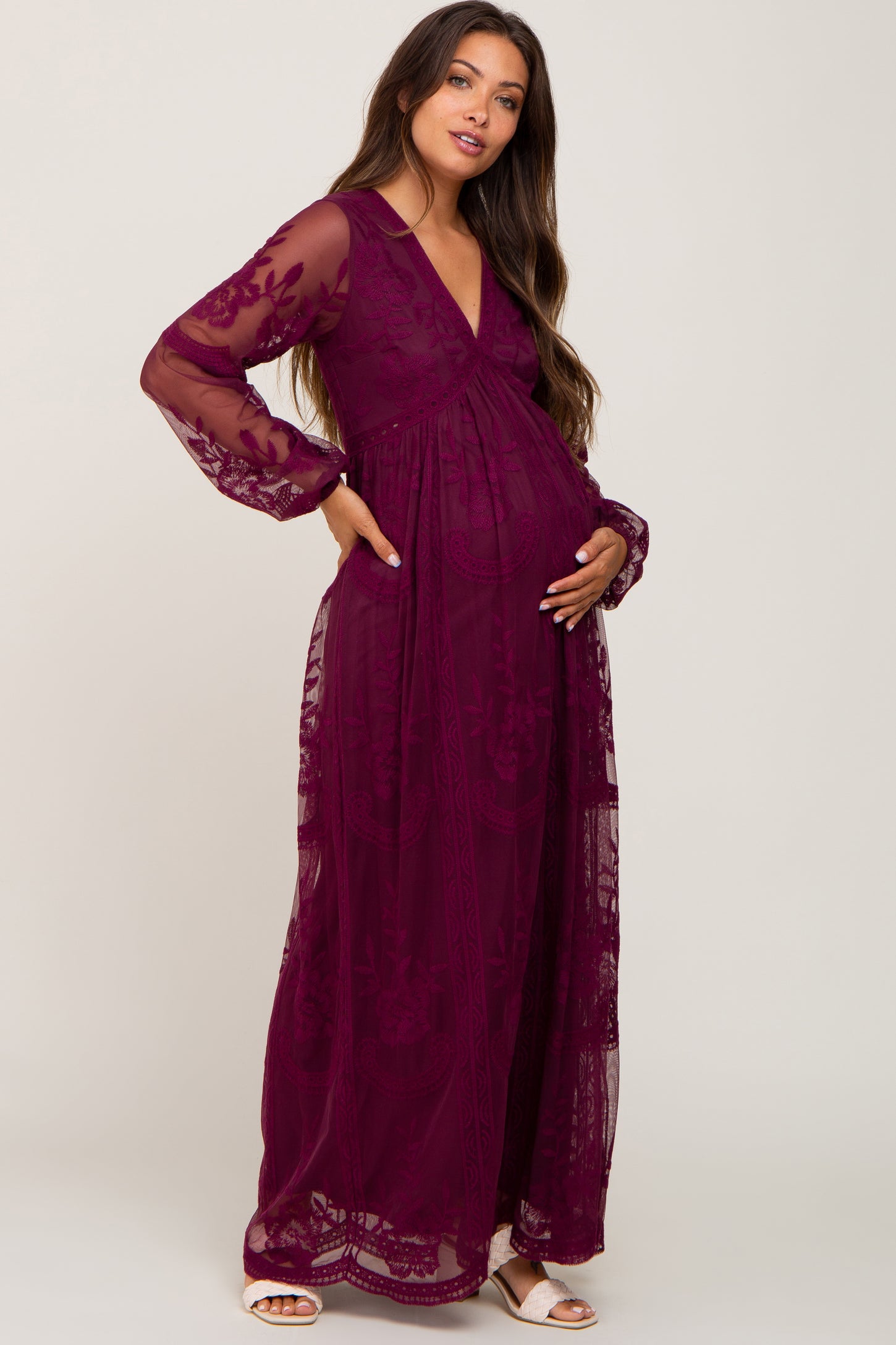 burgundy lace long sleeve maxi dress Long Sleeve Crystal Detail A Line Lace Maxi Dress Burgundy