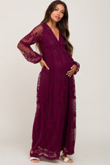 PinkBlush Burgundy Lace Mesh Long Sleeve Maternity Maxi Dress