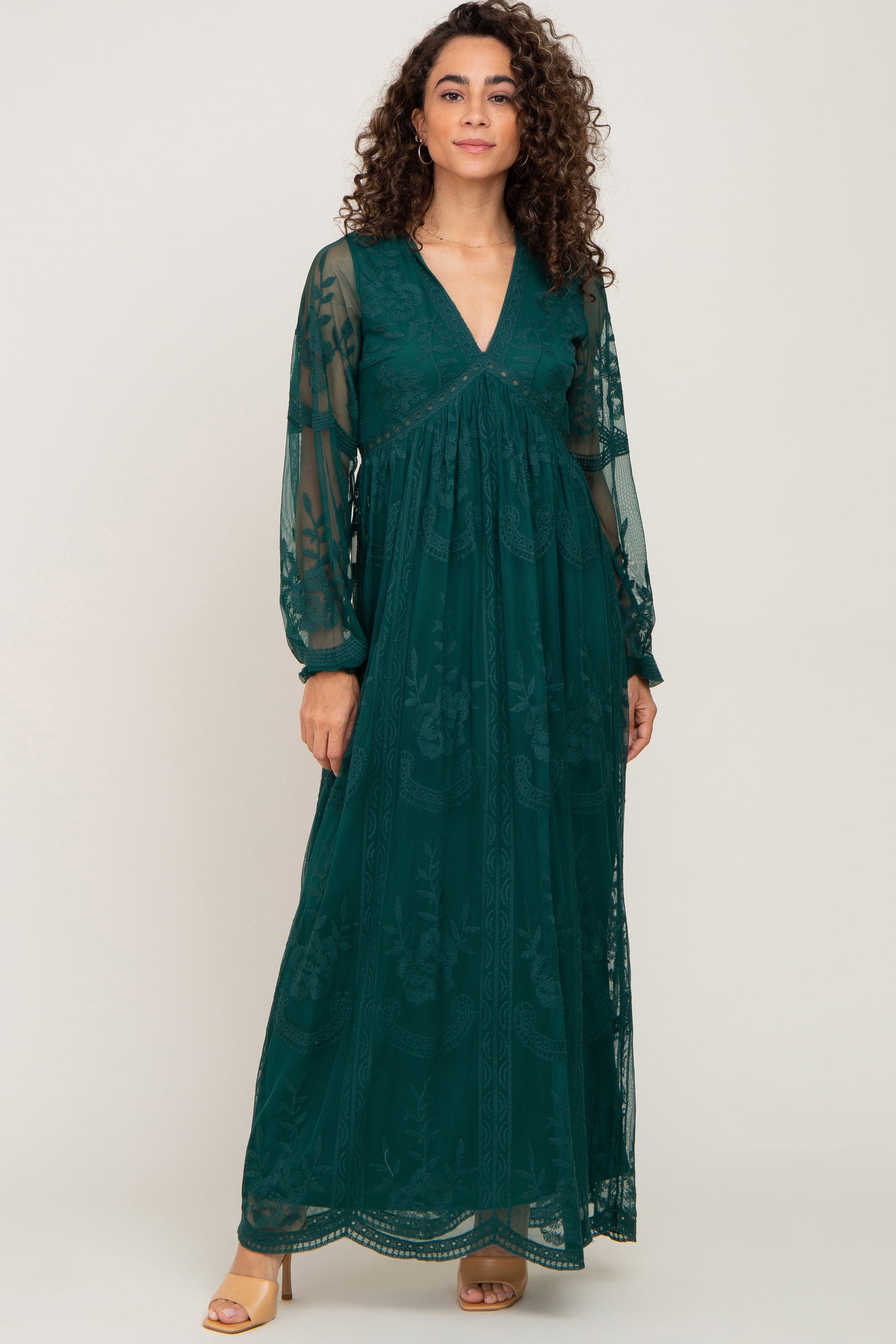 PinkBlush Forest Green Lace Mesh Overlay Long Sleeve Maternity Maxi Dr PinkBlush Forest Green Lace Mesh Overlay Long Sleeve Maternity Maxi Dr