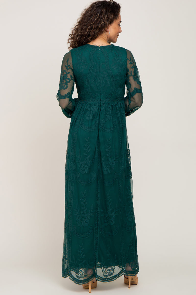Pre-Order Mist Green Plus Size 3/4 Sleeve Smocked Lace Decor Maxi Dress