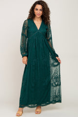 PinkBlush Forest Green Lace Mesh Overlay Long Sleeve Maxi Dress
