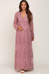 PinkBlush Mauve Lace Mesh Overlay Long Sleeve Maternity Maxi Dress
