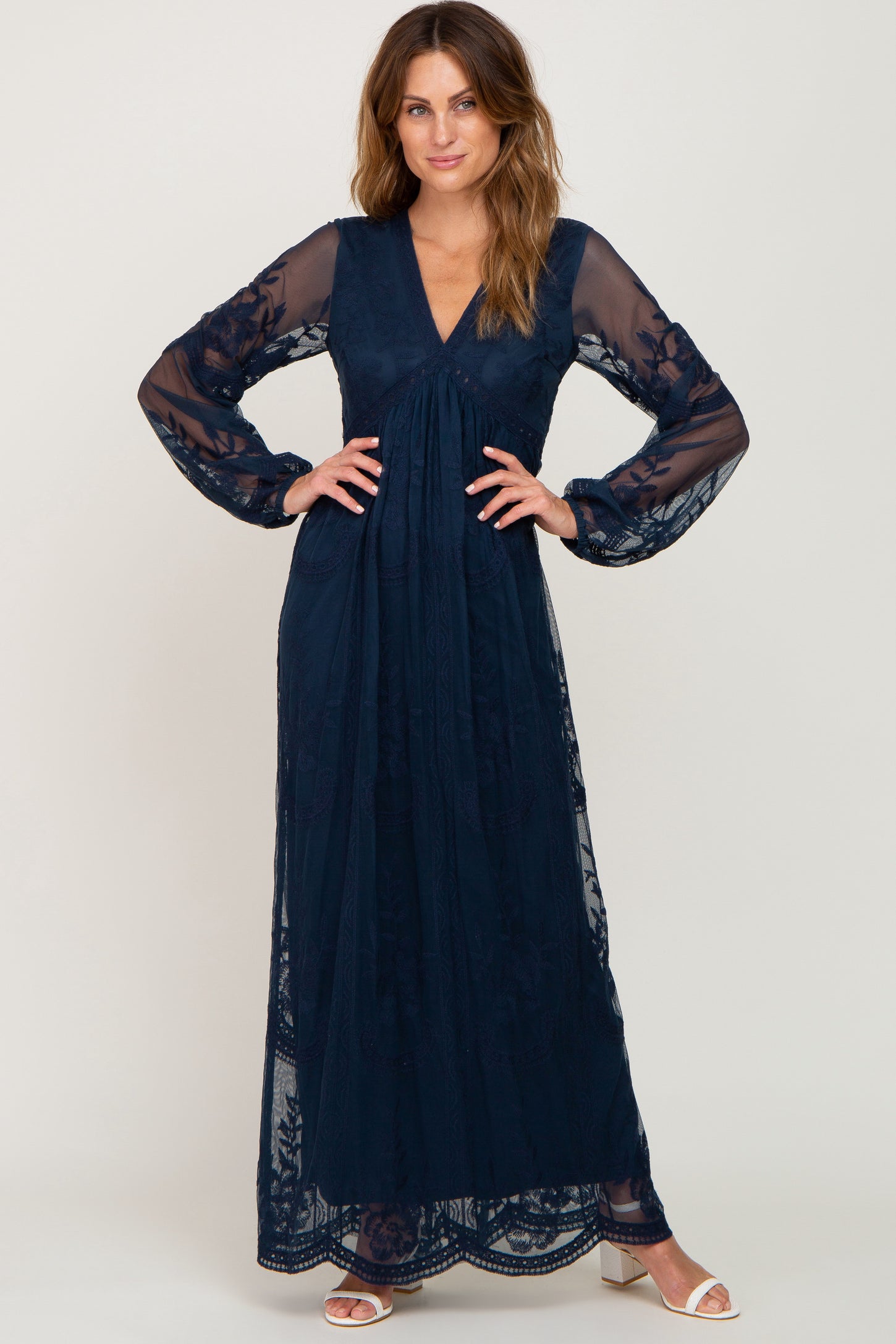 PinkBlush Navy Lace Mesh Overlay Long Sleeve Maternity Maxi Dress PinkBlush Navy Lace Mesh Overlay Long Sleeve Maternity Maxi Dress