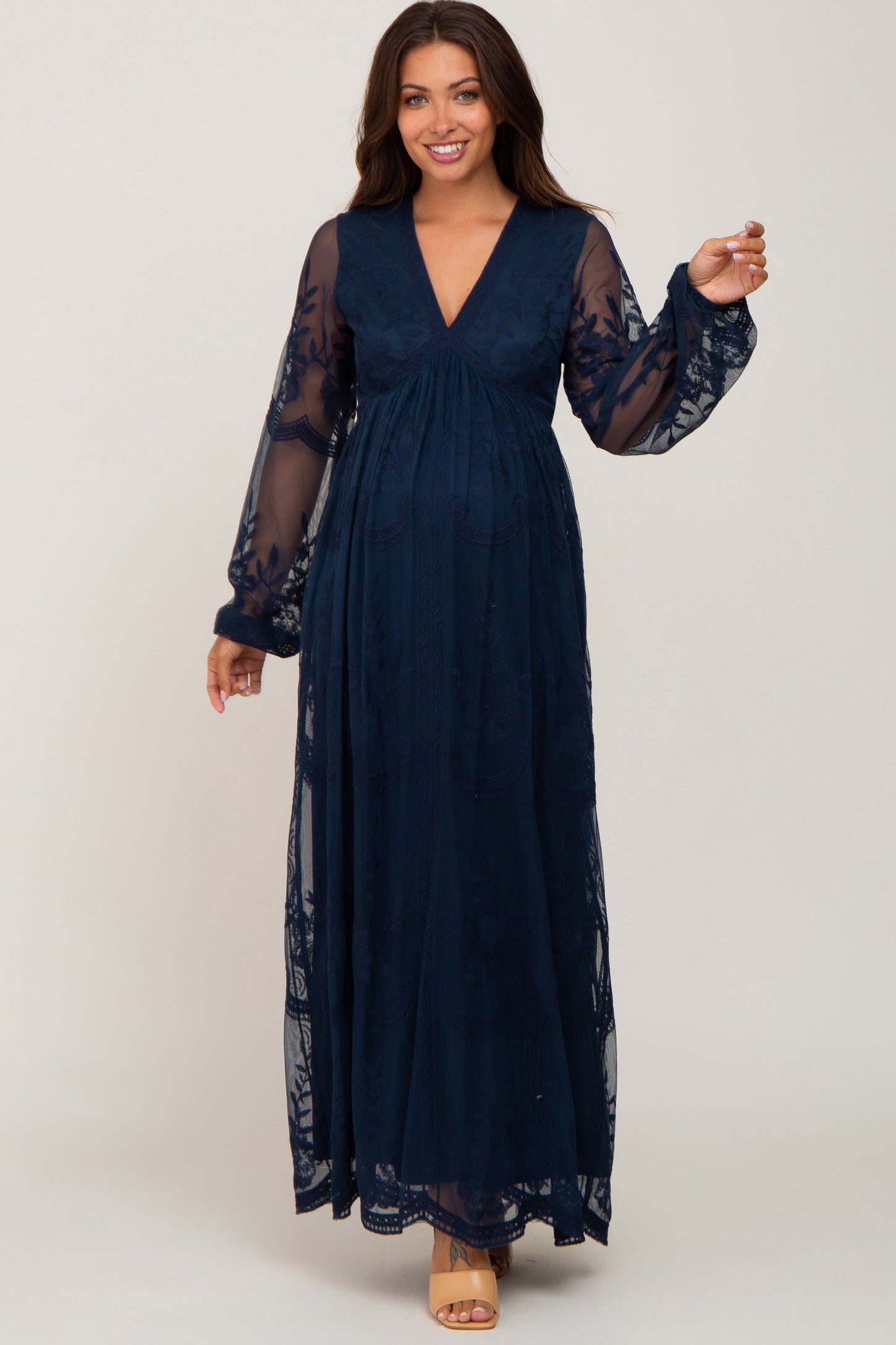 lace long sleeve maternity dress White Lace Mock Neck Long Sleeve Maternity Maxi Dress PinkBlush