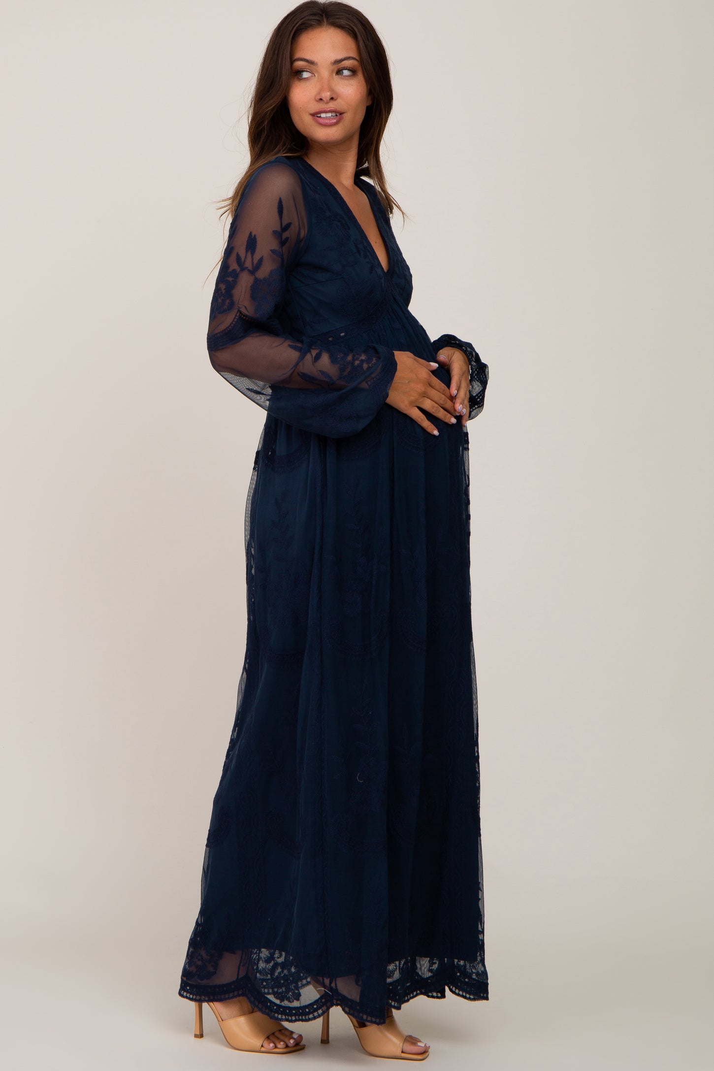 PinkBlush Navy Lace Mesh Overlay Long Sleeve Maternity Maxi Dress PinkBlush Navy Lace Mesh Overlay Long Sleeve Maternity Maxi Dress
