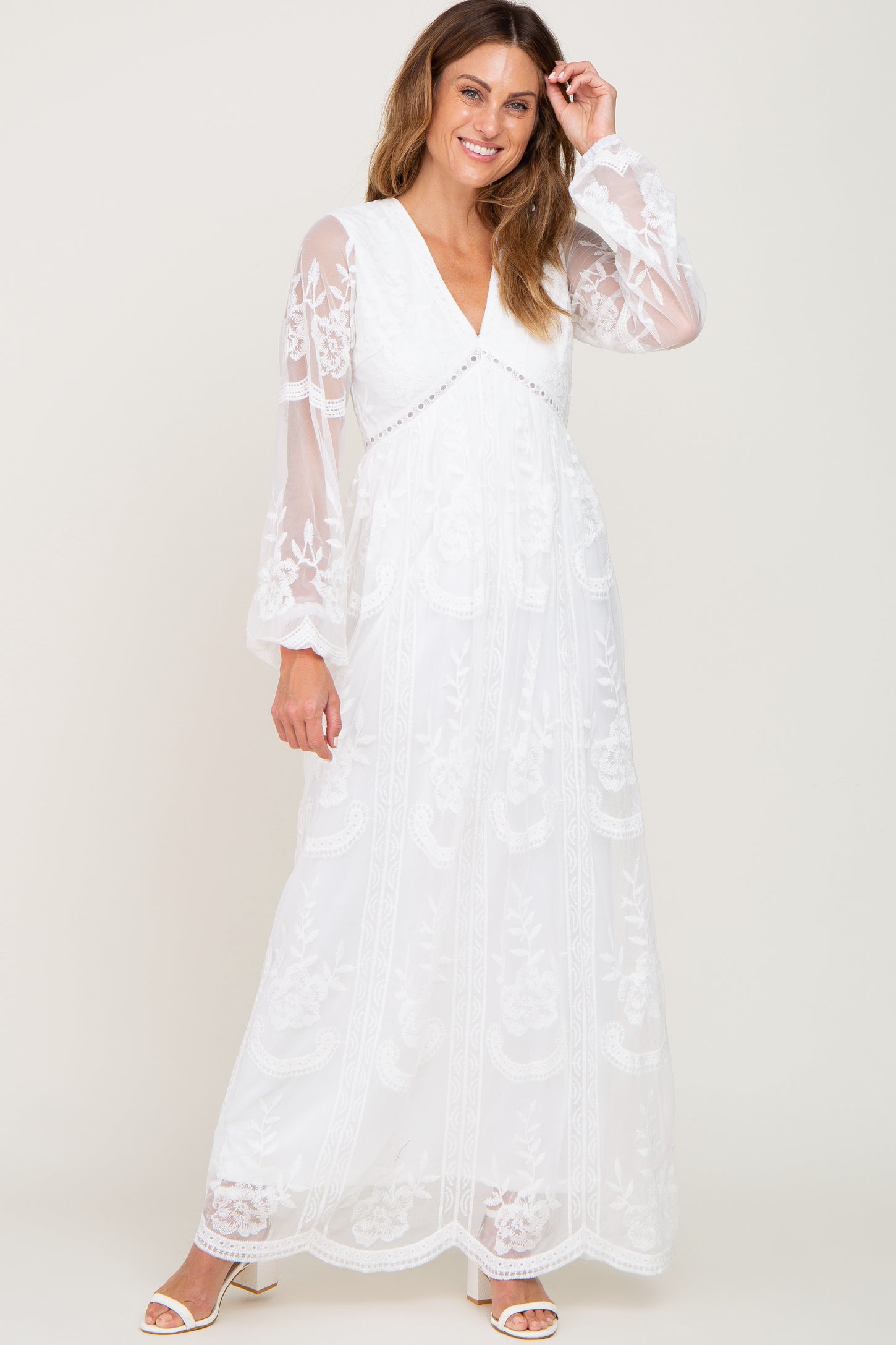 long sleeve white lace maxi dress PinkBlush White Lace Mesh Overlay Long Sleeve Maxi Dress