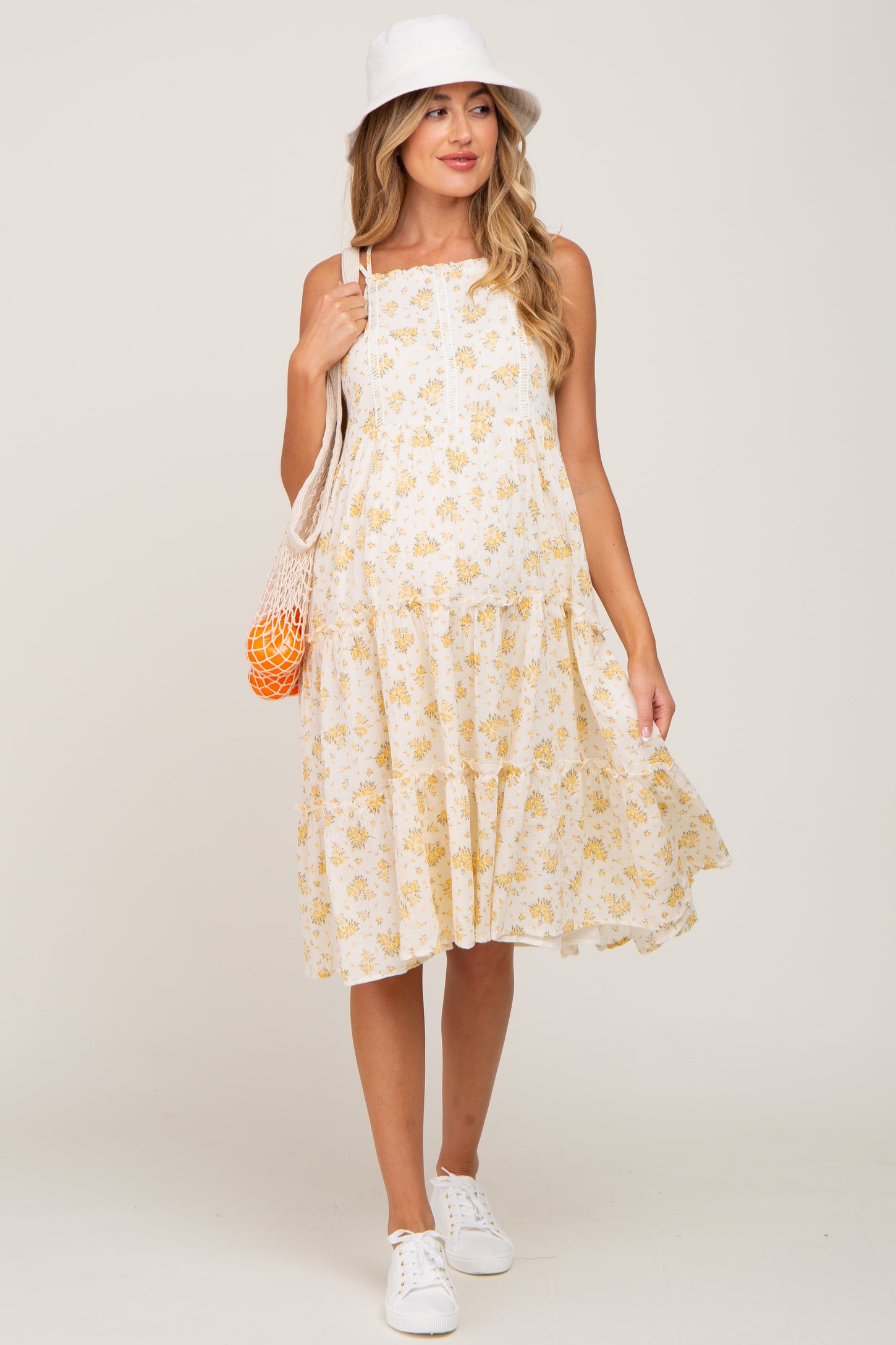 Yellow Floral Cross Back Tiered Maternity Midi Dress