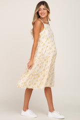 Yellow Floral Cross Back Tiered Maternity Midi Dress